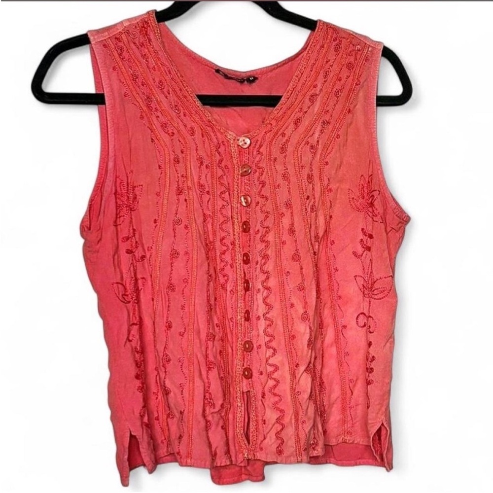 Papa Vancouver Sleeveless Embroidered Coral Button-Front Top - Picture 6 of 9